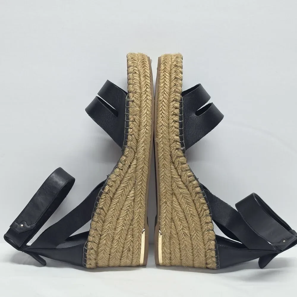 Franco Sarto Espadrille Wedges Womens 11 Black Leather Callia Resort Sandals NWT